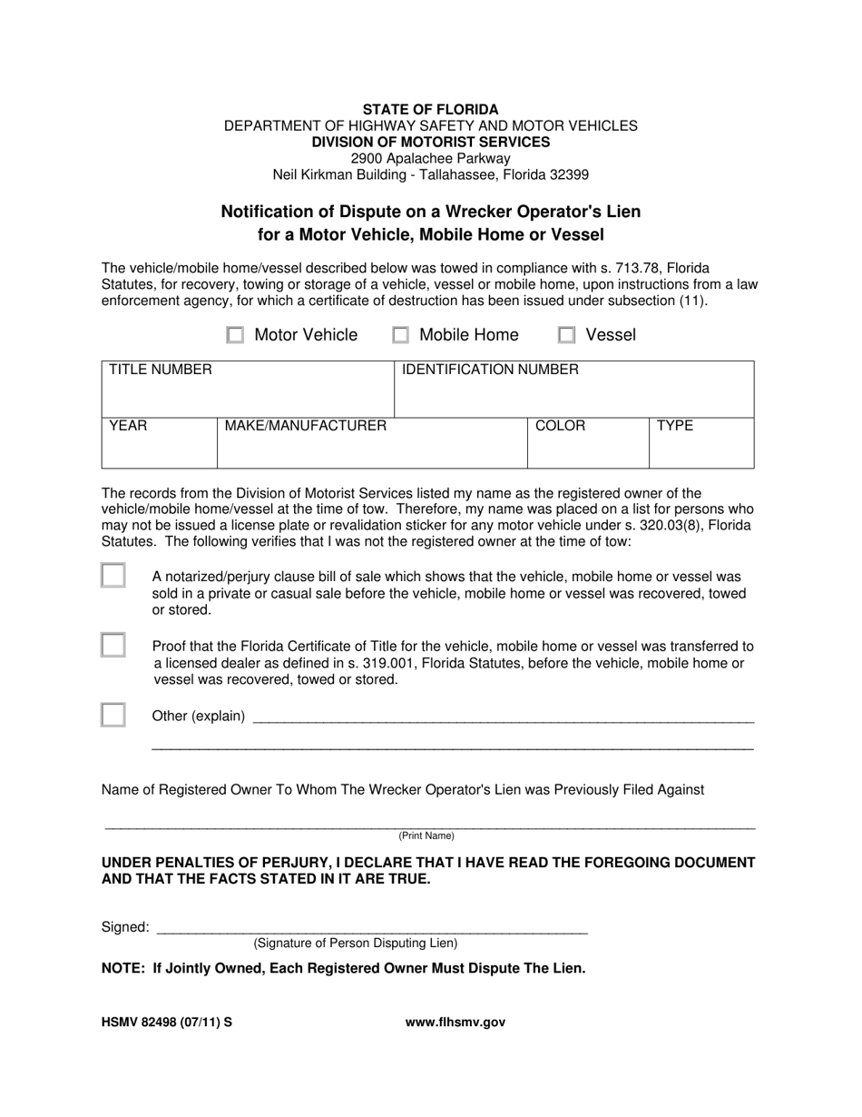 Form HSMV82498 Notification of Dispute on a Wrecker Operators Lien for a Motor Vehicle, Mobile Home or Vessel - Florida, Page 1