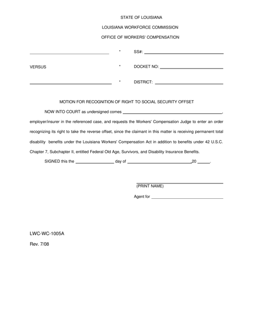 Form LWC-WC-1005A Motion for Recognition of Right to Social Security Offset - Louisiana