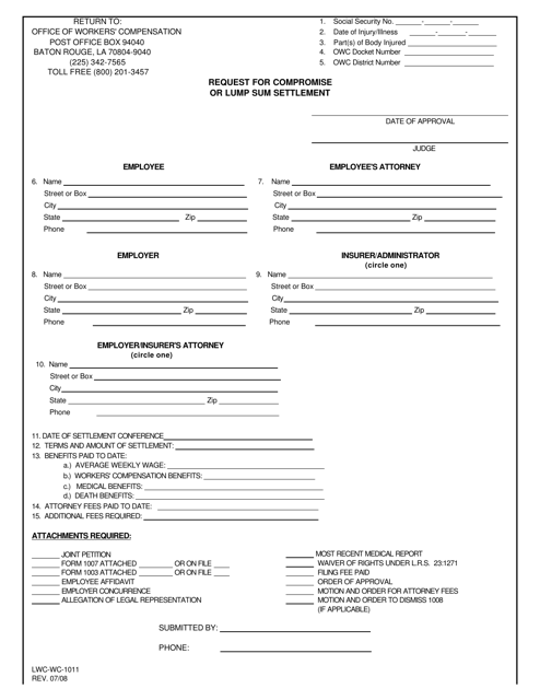 Form LWC-WC-1011 Request for Compromise or Lump Sum Settlement - Louisiana