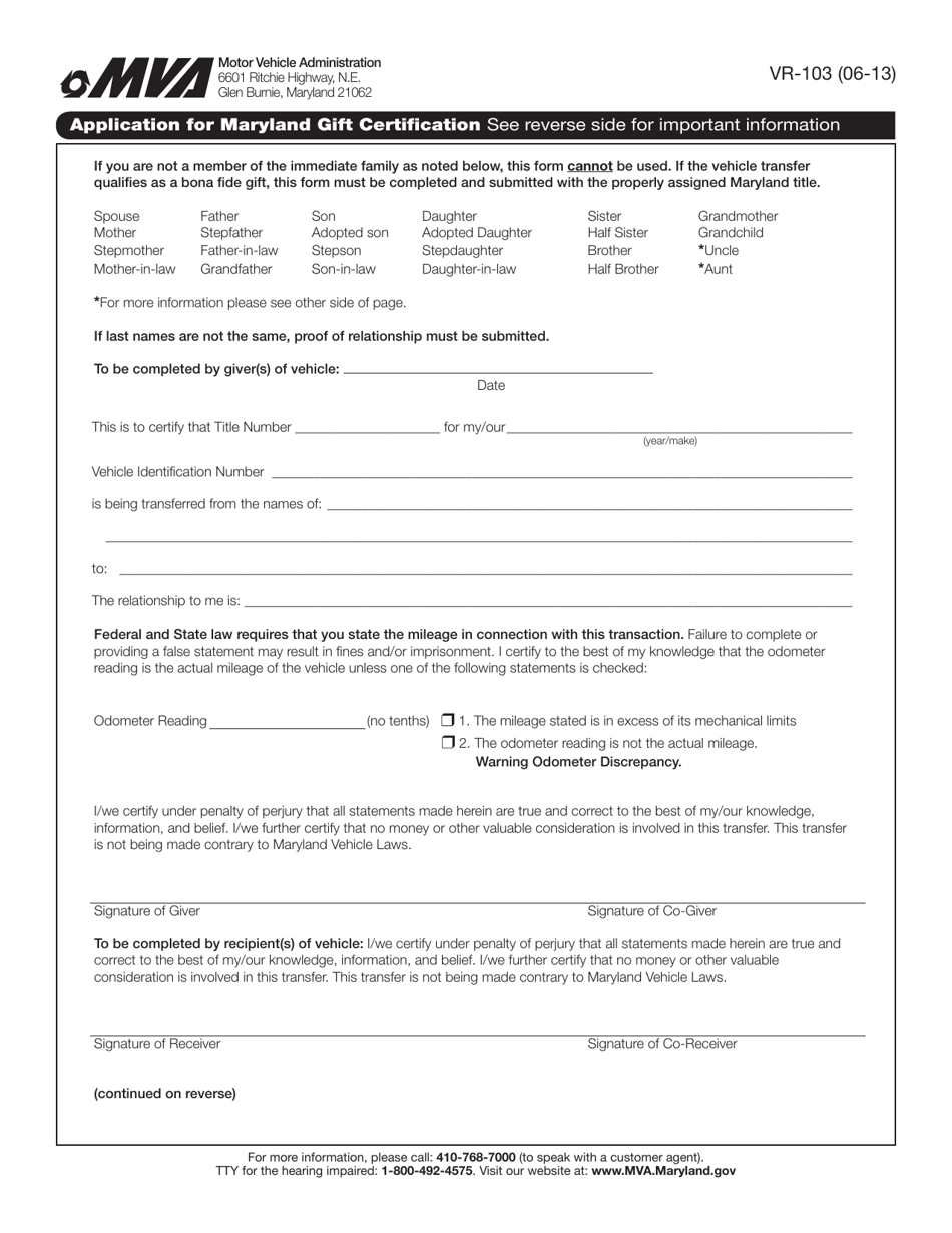 Form VR-103 Application for Maryland Gift Certification - Maryland, Page 1