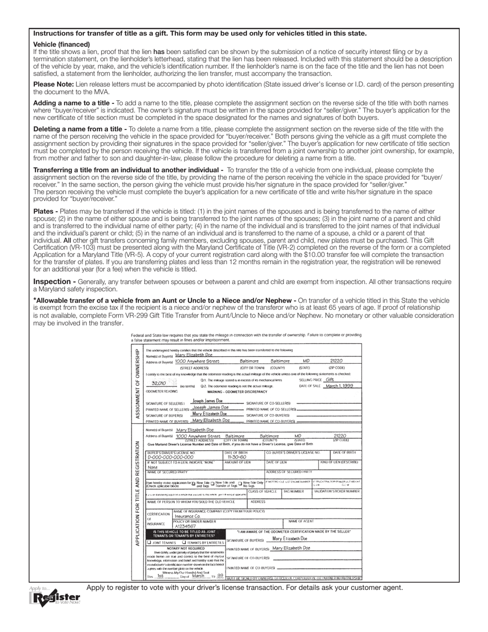 Form VR-103 Application for Maryland Gift Certification - Maryland, Page 2
