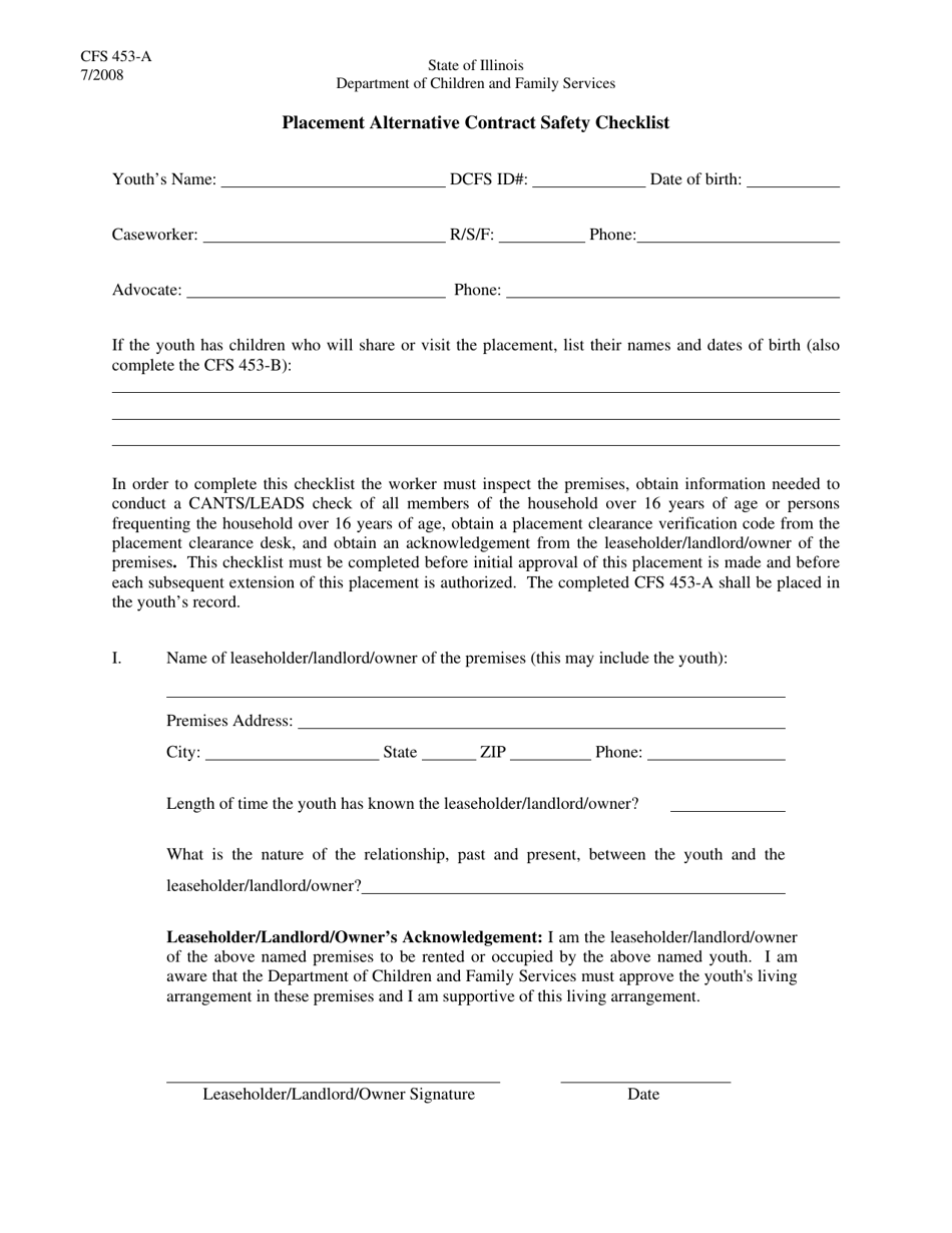 Form CFS453-A Placement Alternative Contract Safety Checklist - Illinois, Page 1