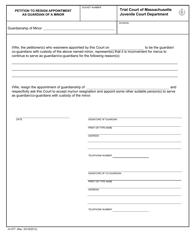 Document preview: Form JV-077 Petition to Resign Appointment as Guardian of a Minor - Massachusetts