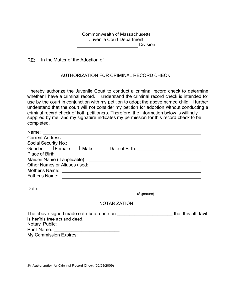 Authorization for Criminal Record Check - Massachusetts, Page 1