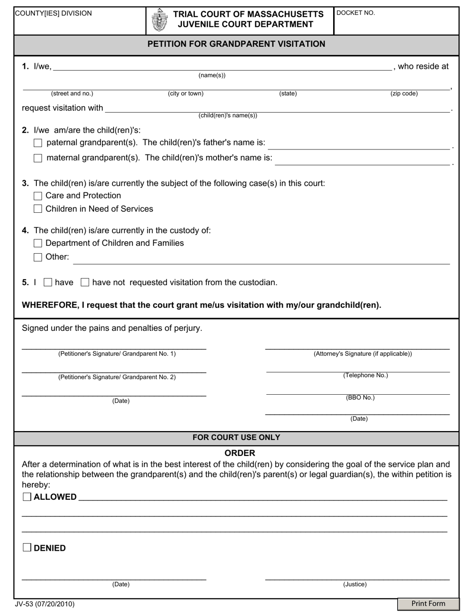 Form JV-53 Petition for Grandparent Visitation - Massachusetts, Page 1