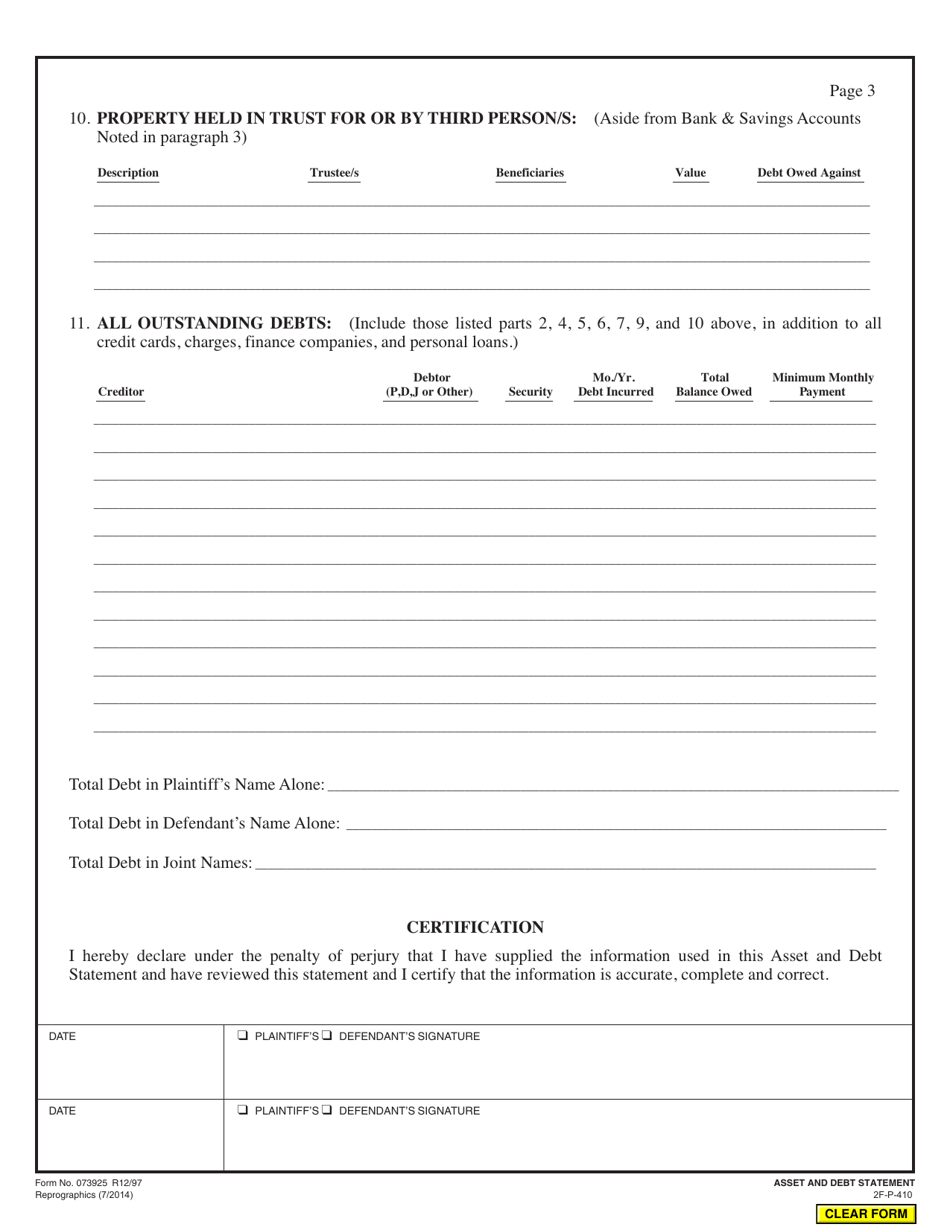 Form 2F-P-410 Asset and Debt Statement - Hawaii, Page 3