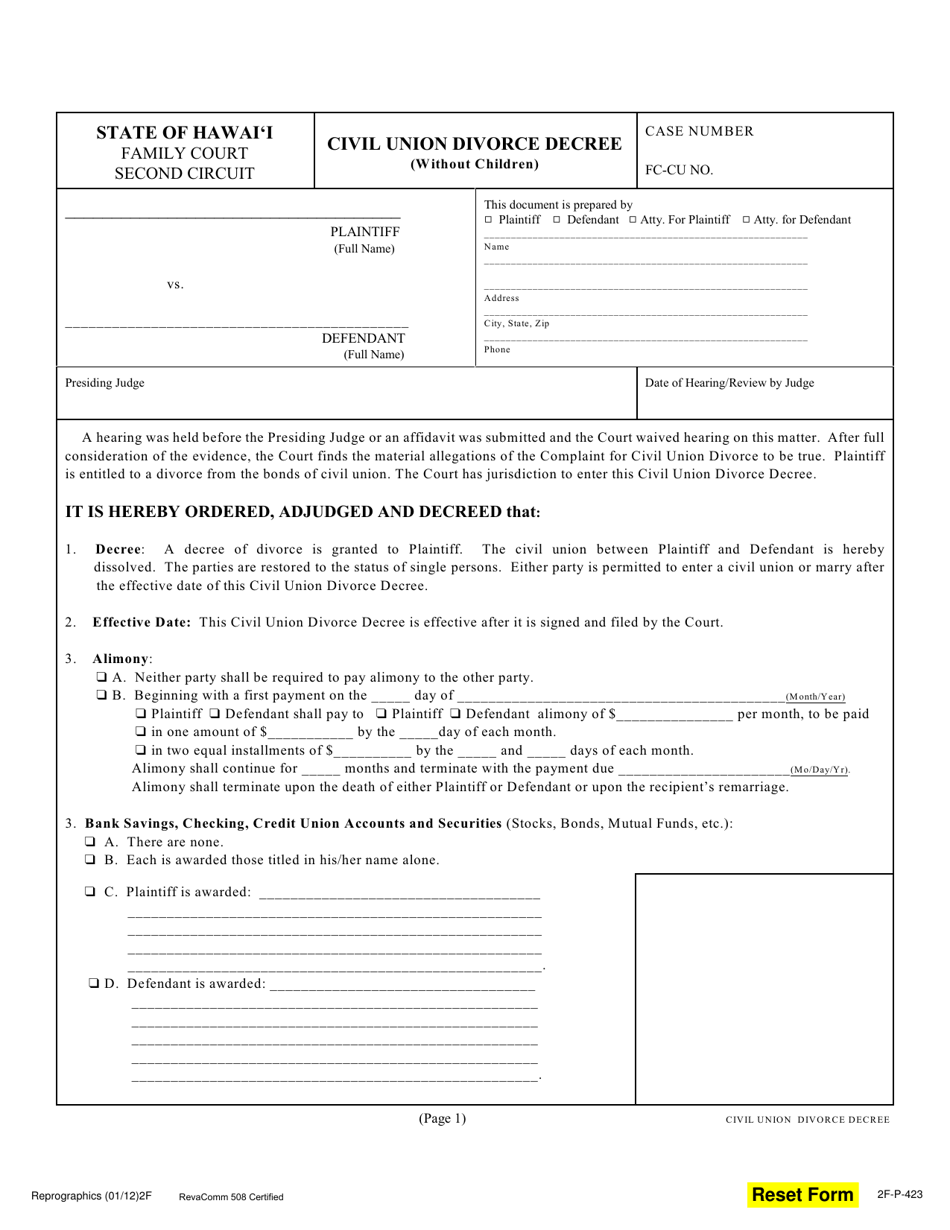 Form 2F-P-423 Civil Union Divorce Decree (Without Children) - Hawaii, Page 1