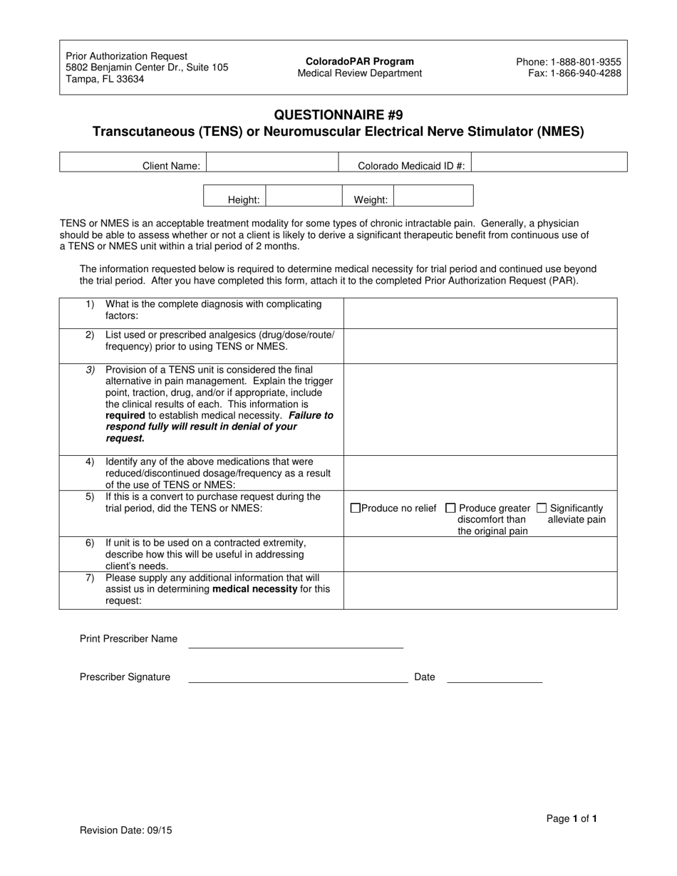 Questionnaire 9 Transcutaneous (Tens) or Neuromuscular Electrical Nerve Stimulator (Nmes) - Colorado, Page 1