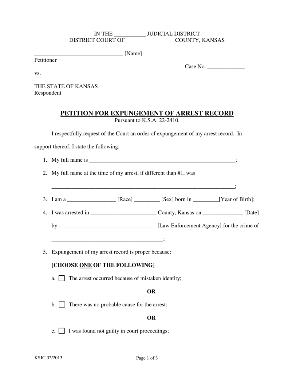 Petition for Expungement of Arrest Record - Kansas, Page 1