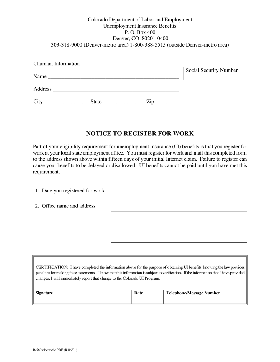 Form B-569 Notice to Register for Work - Colorado, Page 1