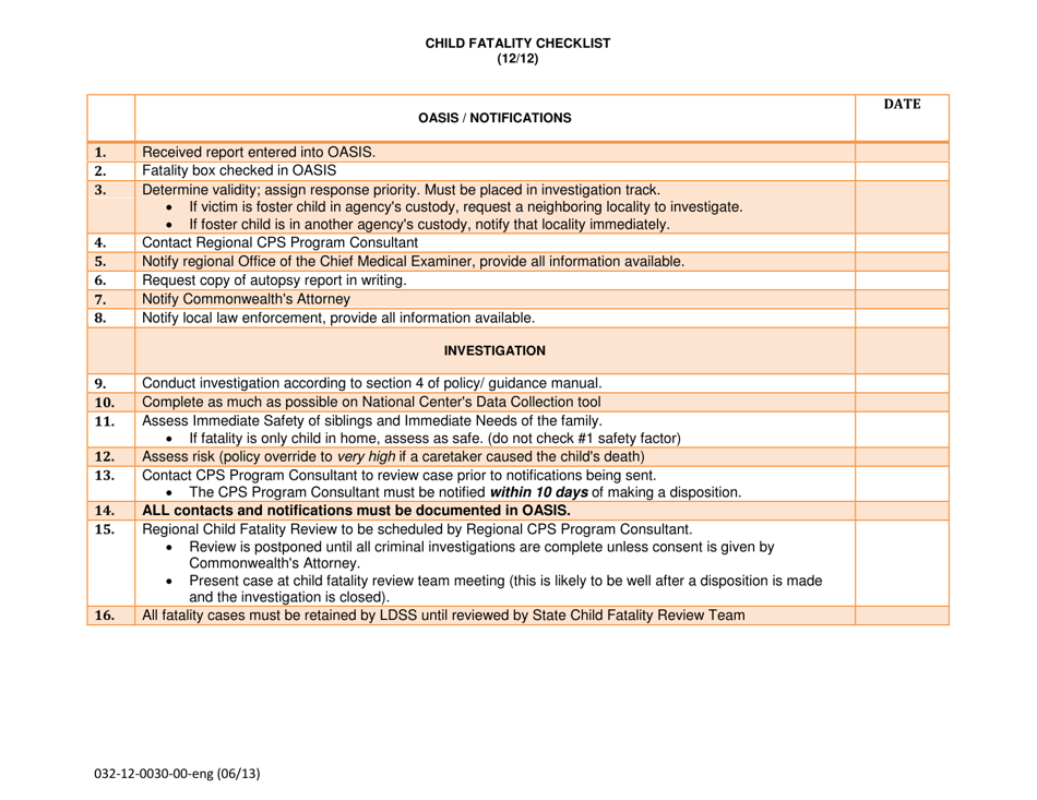 Form 032-12-0030-00-ENG Child Fatality Checklist - Virginia, Page 1