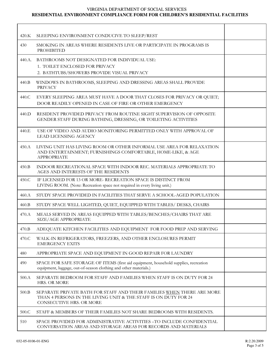 Form 032-05-0106-01-ENG Residential Environment Compliance Form for Childrens Residential Facilities - Virginia, Page 3