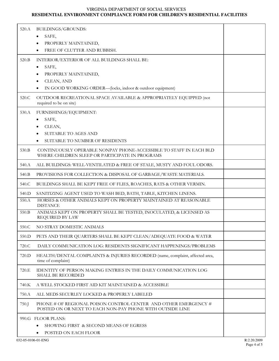 Form 032-05-0106-01-ENG Residential Environment Compliance Form for Childrens Residential Facilities - Virginia, Page 4