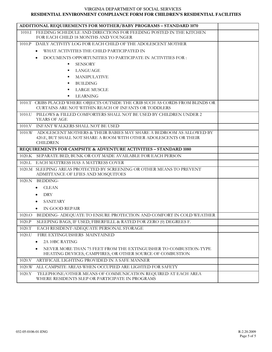 Form 032-05-0106-01-ENG Residential Environment Compliance Form for Childrens Residential Facilities - Virginia, Page 5