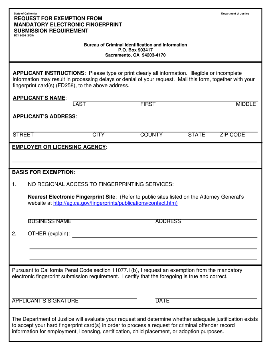 Form BCII9004 Request for Exemption From Mandatory Electronic Fingerprint Submission Requirement - California, Page 1