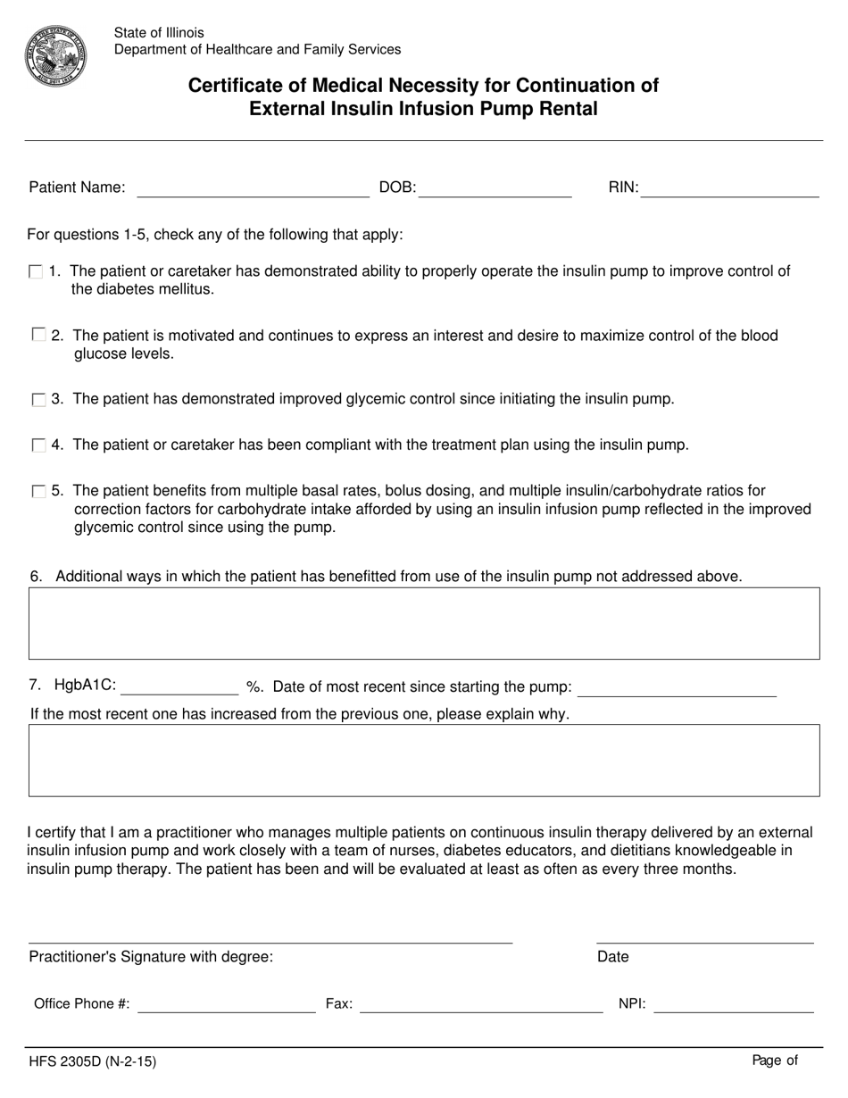 Form HFS2305D Certificate of Medical Necessity for Continuation of External Insulin Infusion Pump Rental - Illinois, Page 1