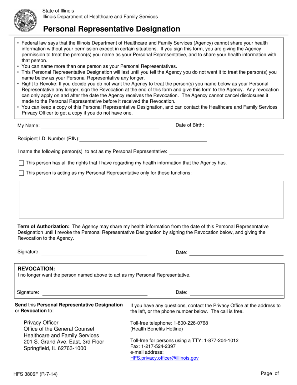 Form HFS3806F Personal Representative Designation - Illinois, Page 1
