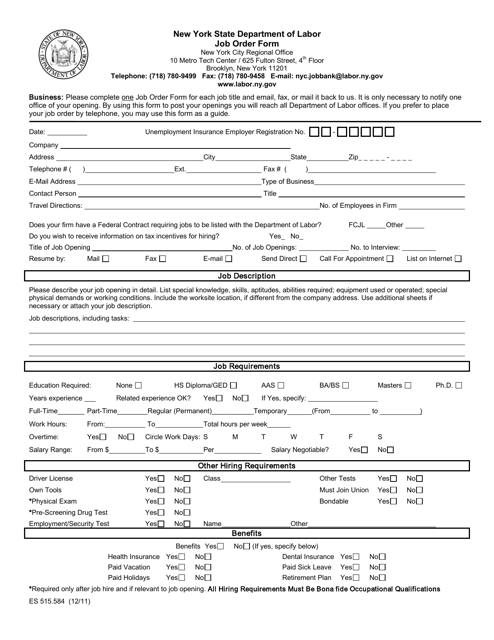 Form ES515.584 Job Order Form - New York
