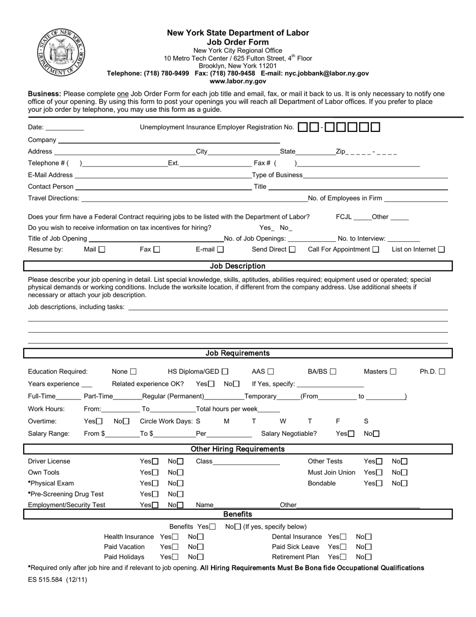 Form ES515.584 Job Order Form - New York, Page 1