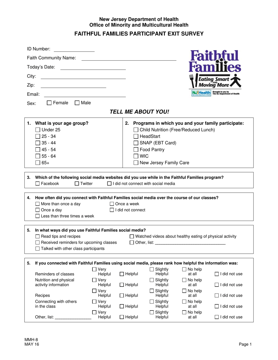 Form MMH-8 Download Printable PDF or Fill Online Faithful Families  Participant Exit Survey New Jersey | Templateroller