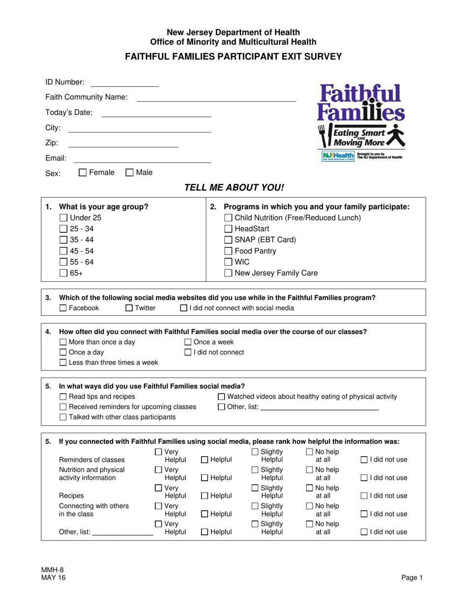 Form MMH-8 Faithful Families Participant Exit Survey - New Jersey, Page 1