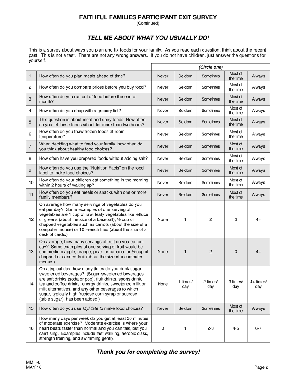 Form MMH-8 Faithful Families Participant Exit Survey - New Jersey, Page 2