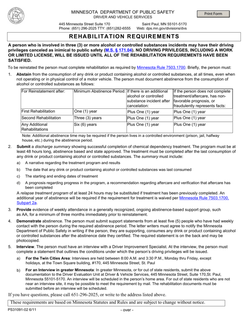 Form PS31091 Rehabilitation Requirements - Minnesota