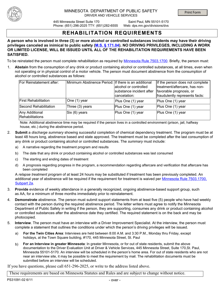 Form PS31091 Rehabilitation Requirements - Minnesota, Page 1