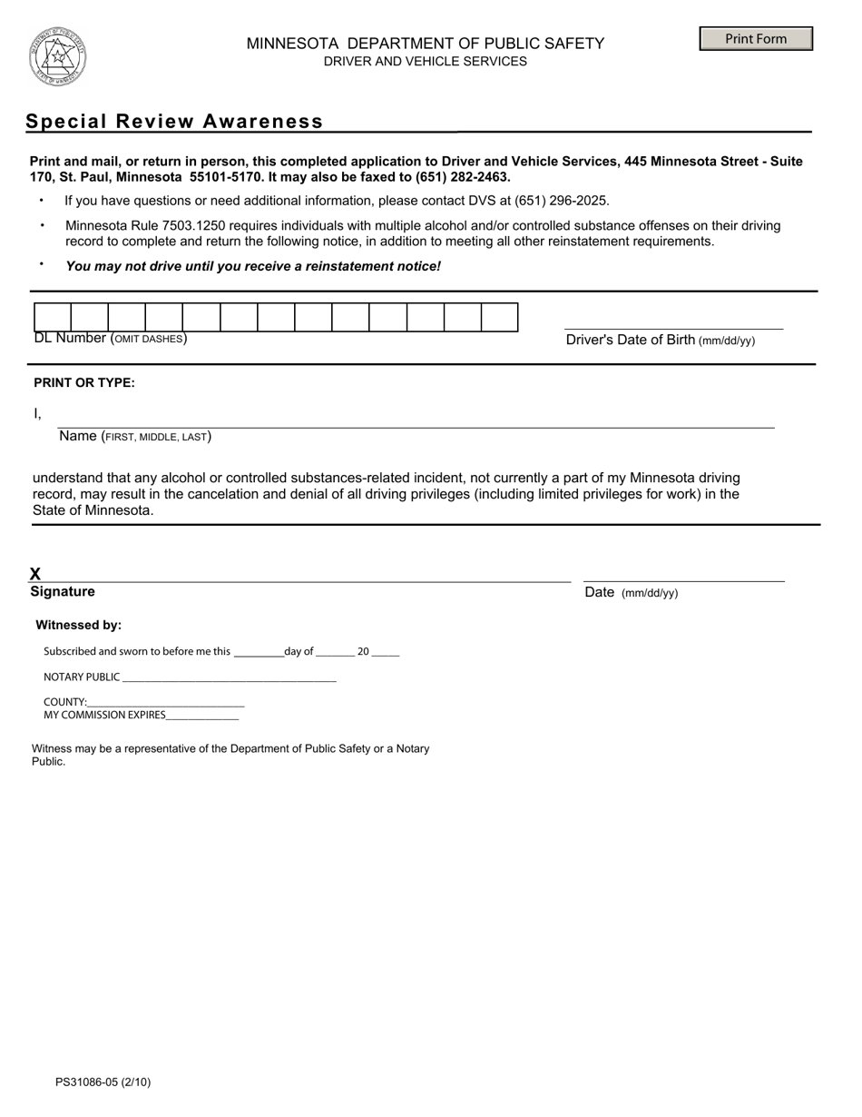 Form PS31086 Special Review Awareness Form - Minnesota, Page 1