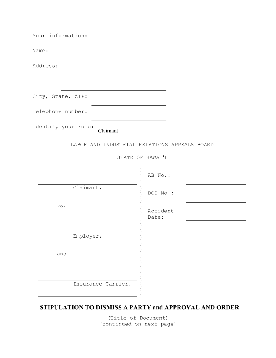 Form LIRAB11 Stipulation to Dismiss a Party and Approval and Order - Hawaii, Page 1