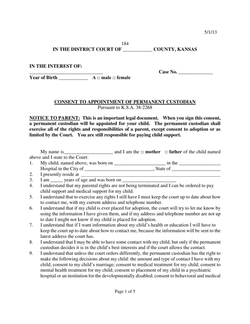 Form 184 Consent to Appointment of Permanent Custodian - Kansas