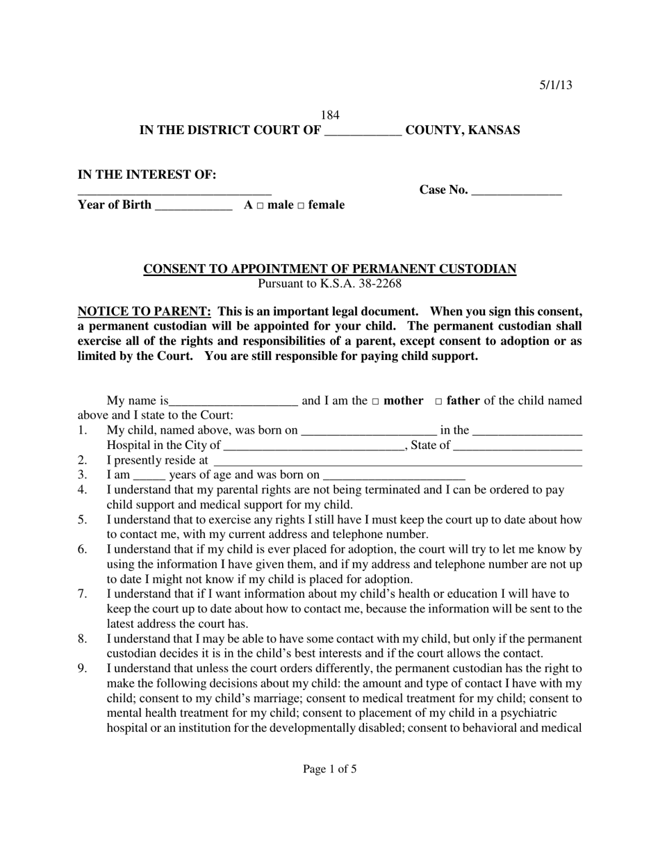 Form 184 Consent to Appointment of Permanent Custodian - Kansas, Page 1