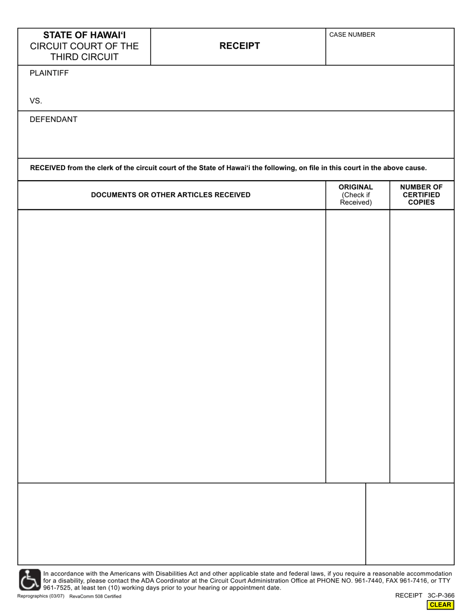 Form 3C-P-366 Receipt - Hawaii, Page 1