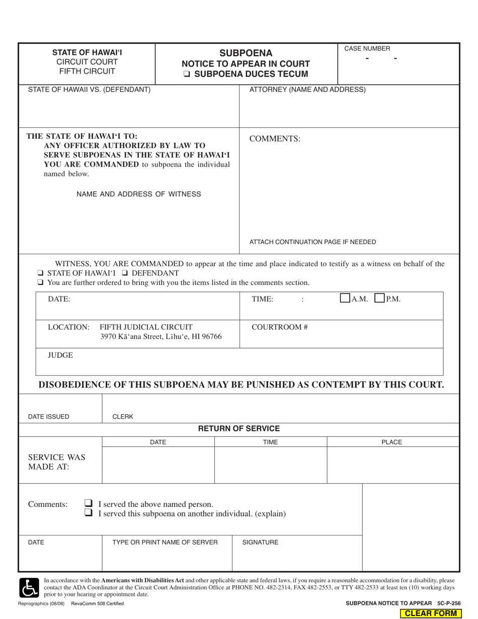Form 5C-P-256 Subpeona Notice to Appear / Duces Tecum (Circuit / Family Court) - Hawaii, Page 1