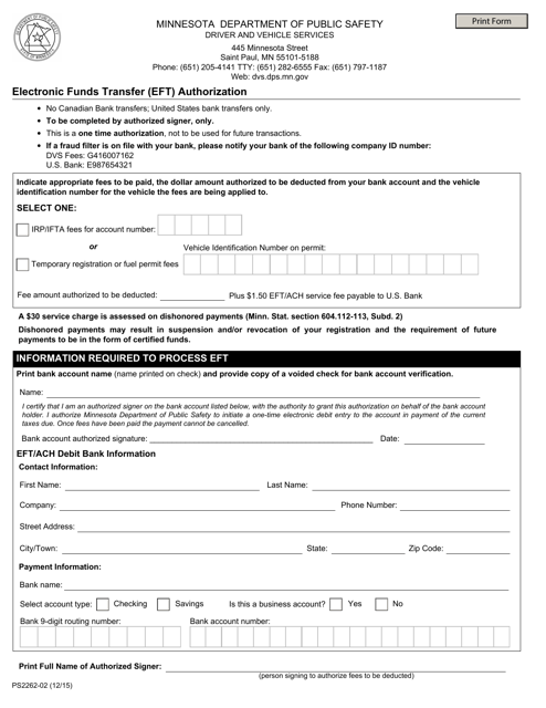 Form PS2262 Electronic Funds Transfer (Eft) Authorization - Minnesota
