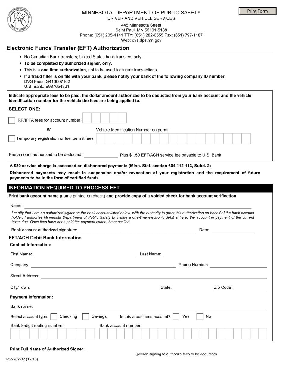 Form PS2262 Electronic Funds Transfer (Eft) Authorization - Minnesota, Page 1