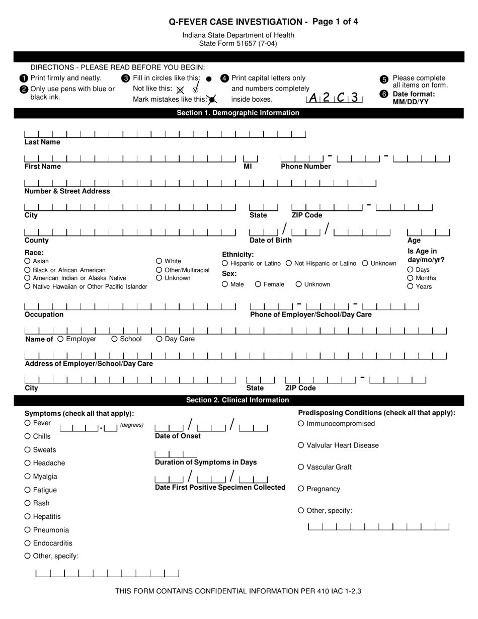 State Form 51657 Q-Fever Case Investigation - Indiana, Page 1