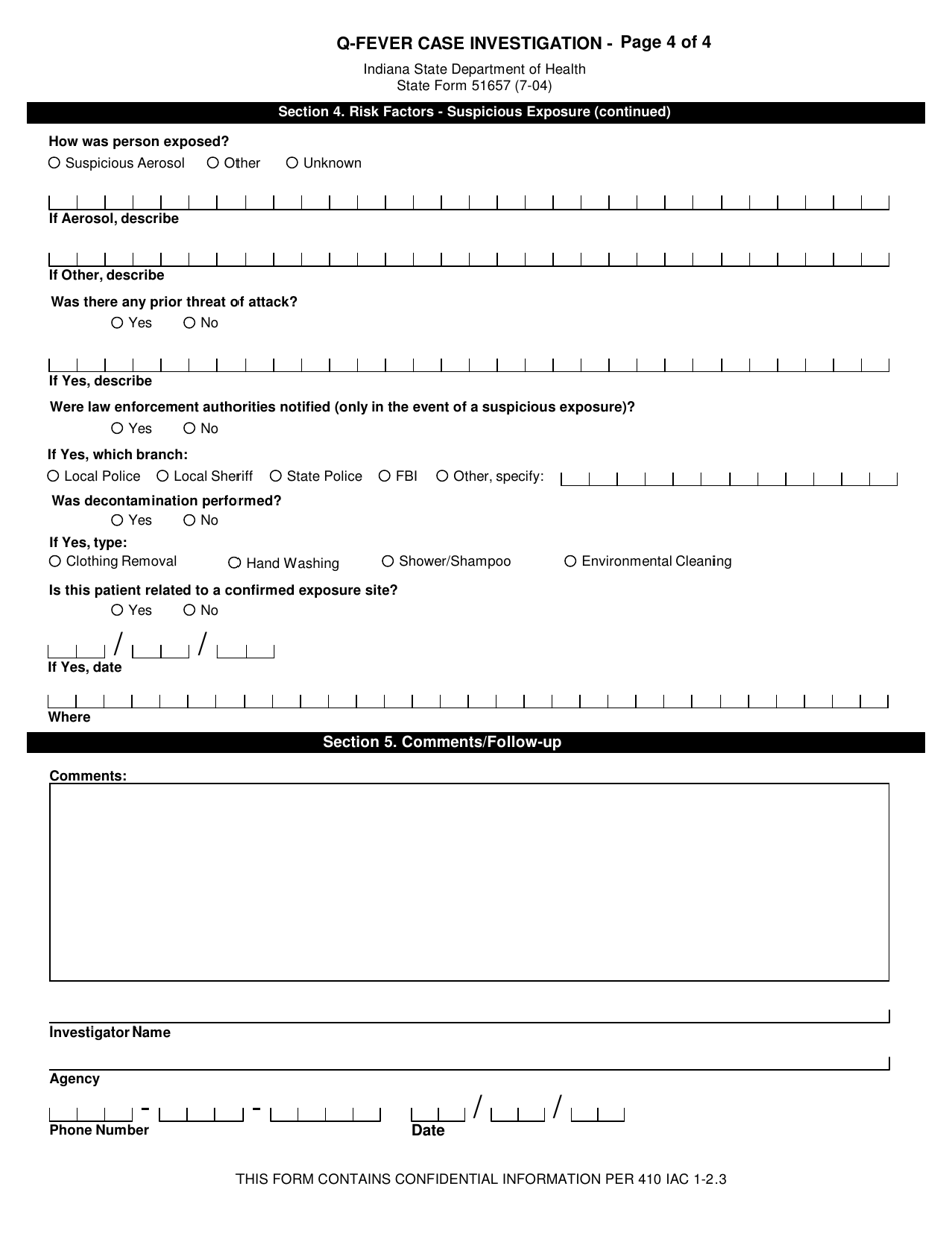 State Form 51657 Q-Fever Case Investigation - Indiana, Page 4