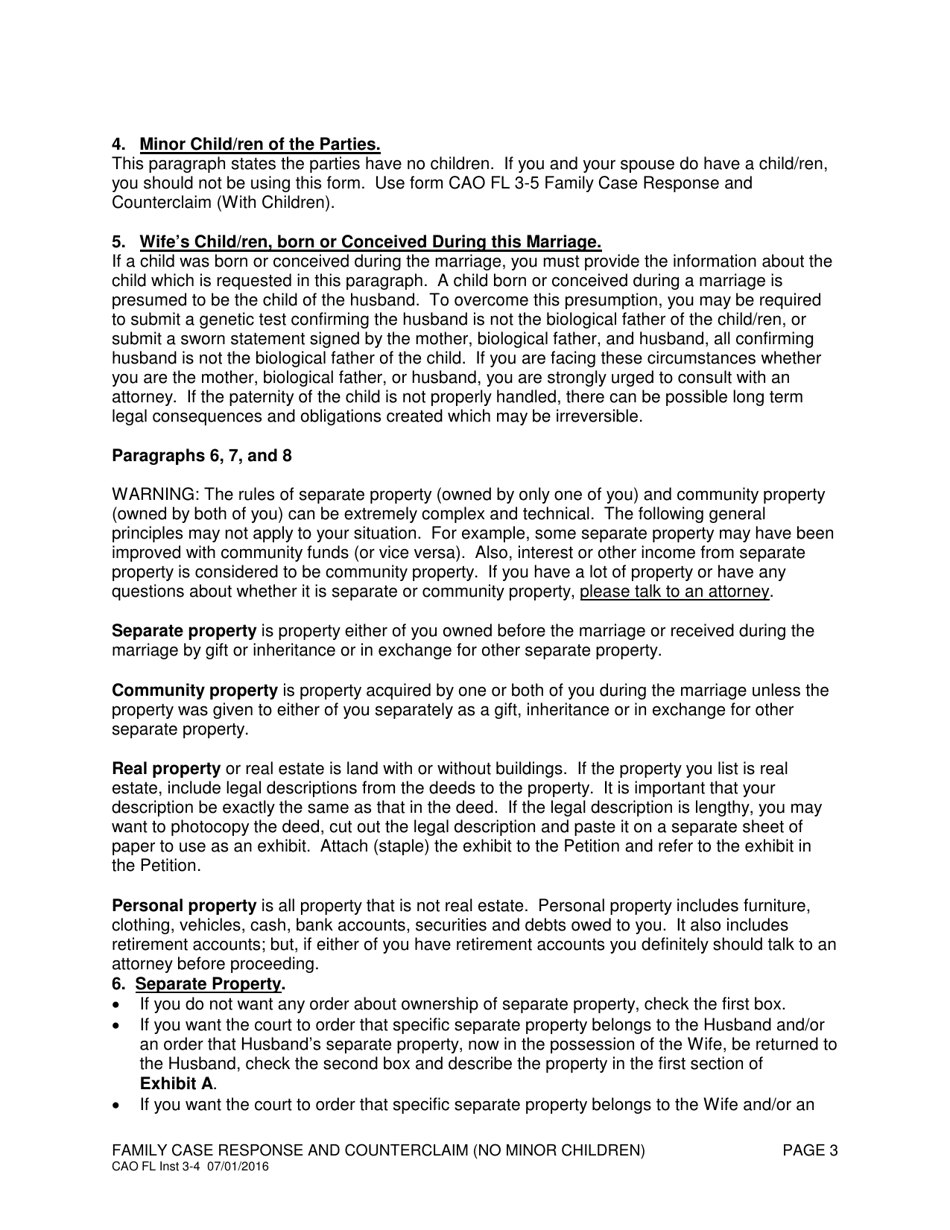 Instructions for Form CAO FL3-4 Family Case Response and Counterclaim (No Children) - Idaho, Page 3