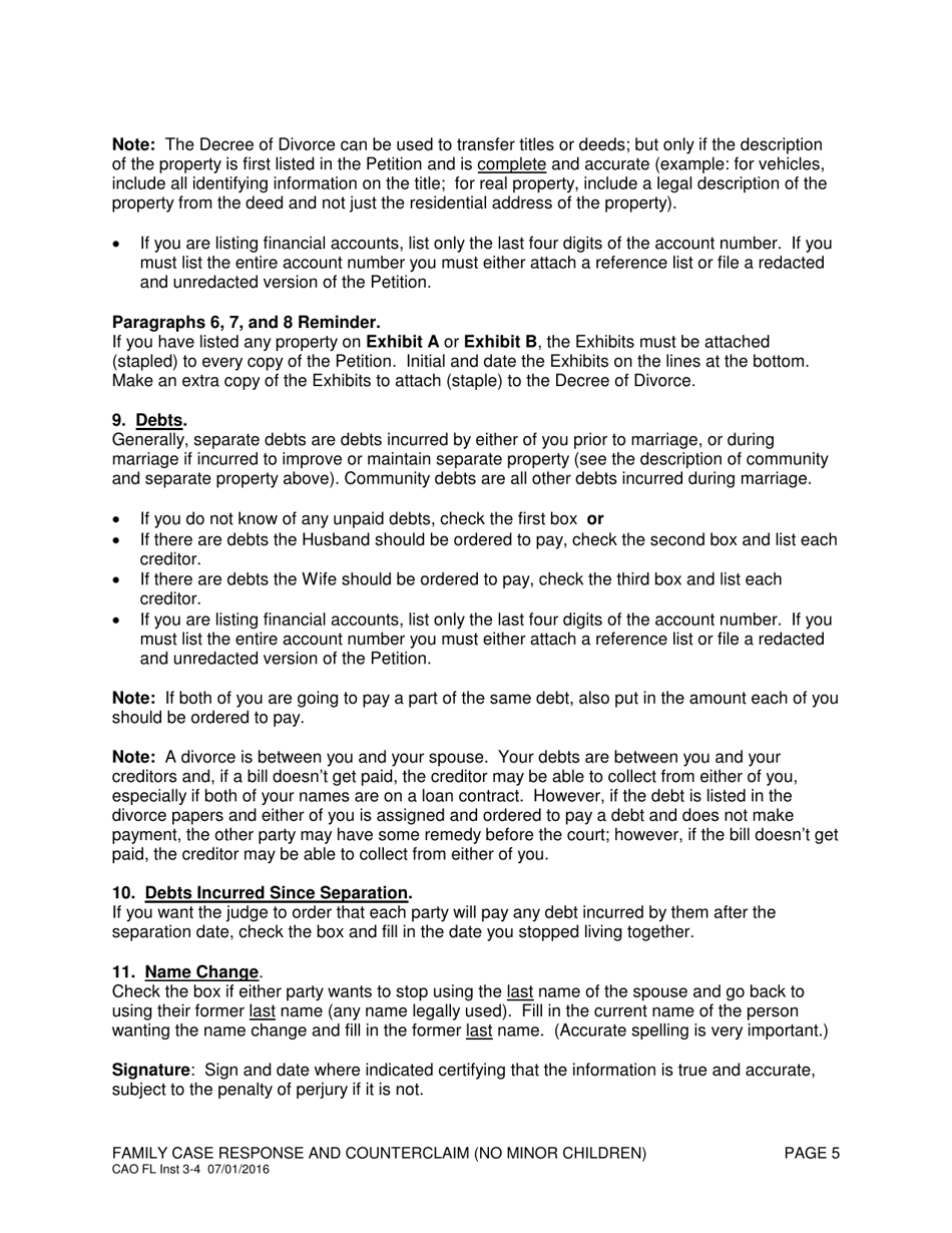 Instructions for Form CAO FL3-4 Family Case Response and Counterclaim (No Children) - Idaho, Page 5