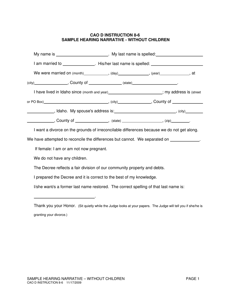 form cao d8 6 download printable pdf or fill online sample hearing narrative without children idaho templateroller