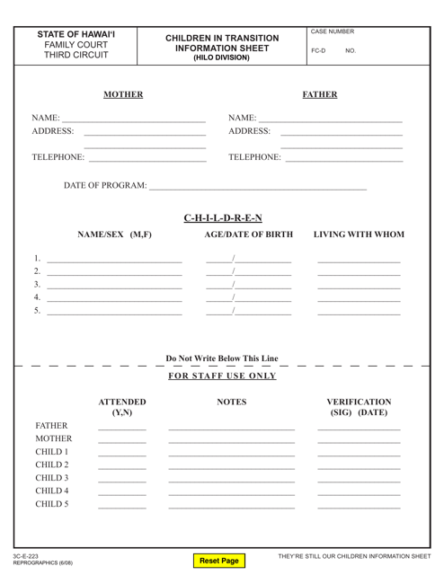 Form 3C-E-223 Children in Transition Information Sheet - Hawaii