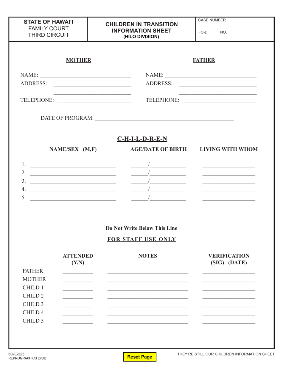 Form 3C-E-223 Children in Transition Information Sheet - Hawaii, Page 1