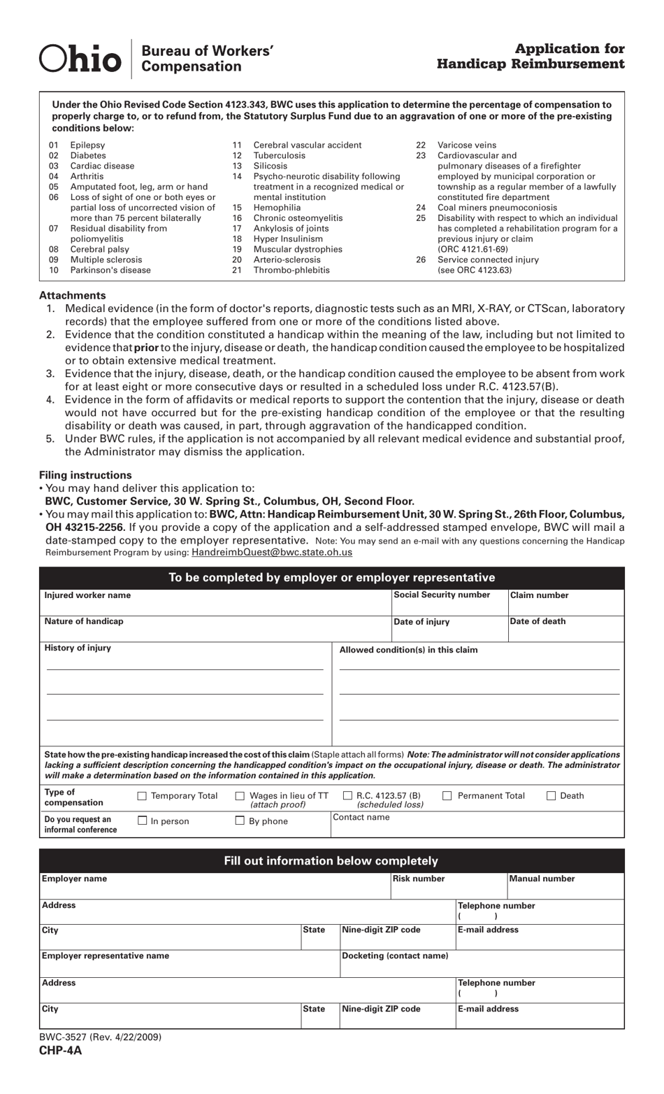 Form CHP-4A (BWC-3527) Application for Handicap Reimbursement - Ohio, Page 1