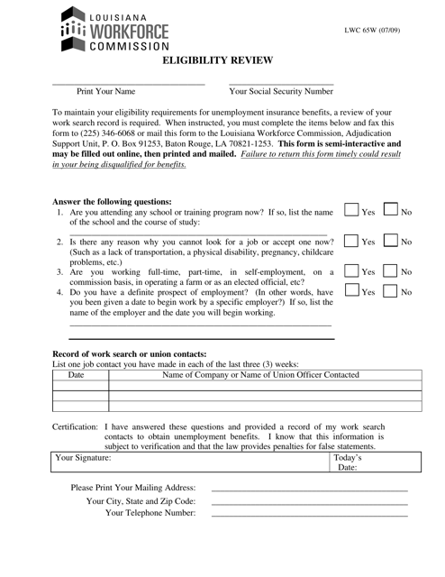 Form LWC65W Eligibility Review - Louisiana