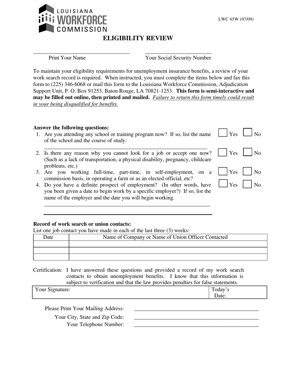 Form LWC65W Eligibility Review - Louisiana, Page 1