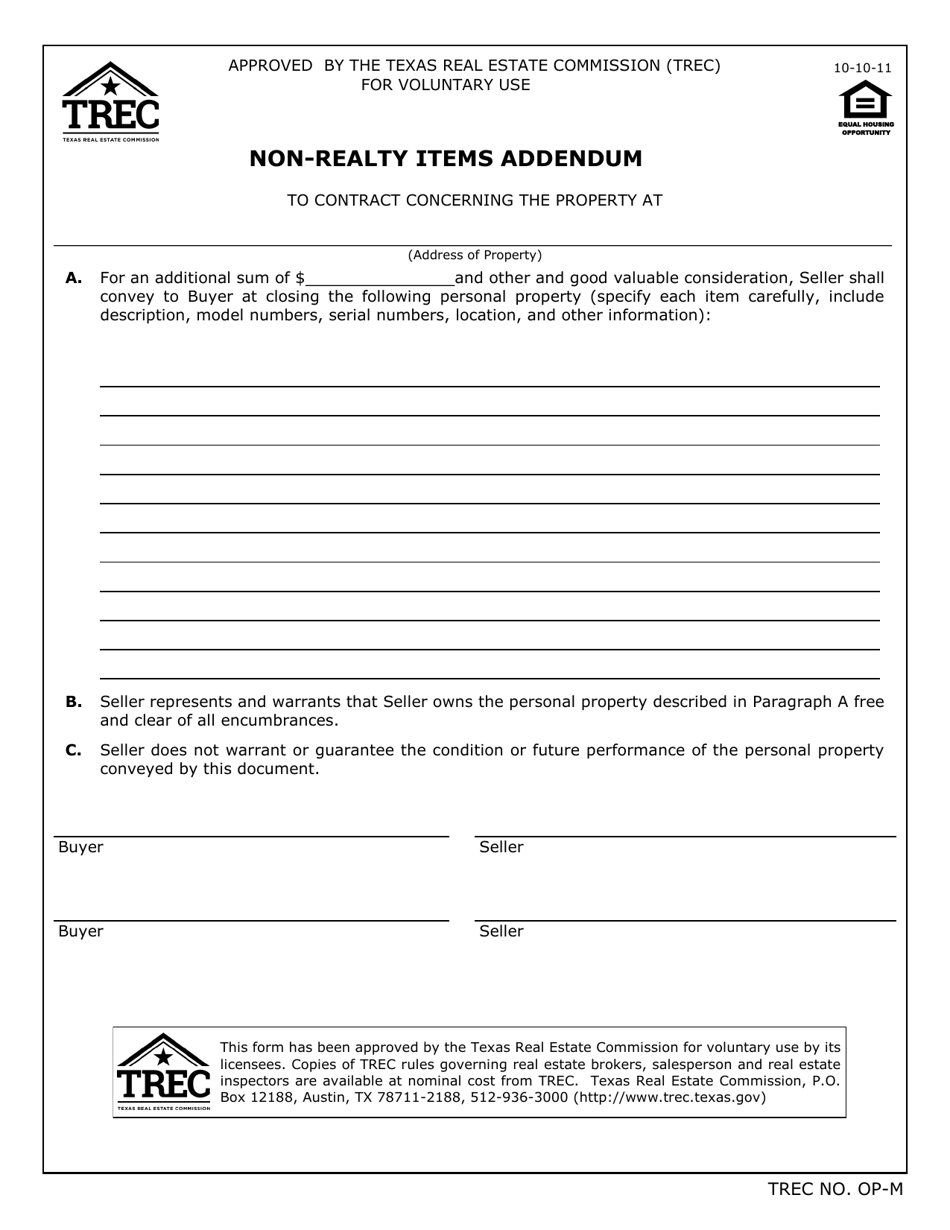 TREC Form OP-M Non-realty Items Addendum - Texas, Page 1