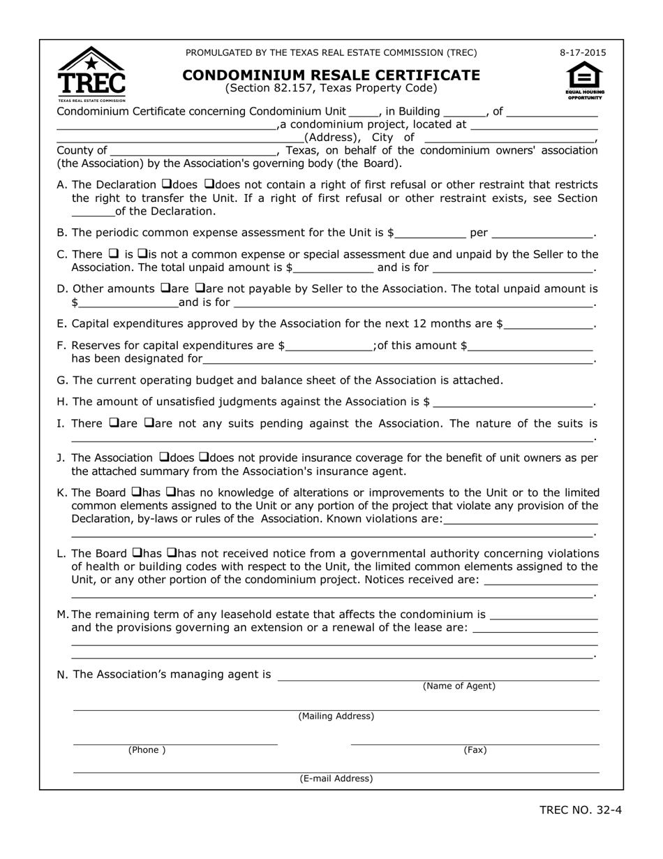 TREC Form 32-4 Condominium Resale Certificate - Texas, Page 1