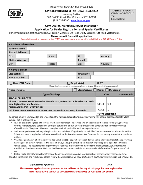 DNR Form 542-0845  Printable Pdf