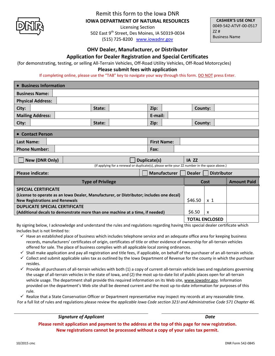 DNR Form 542-0845 OHV Dealer, Manufacturer, or Distributor Application for Dealer Registration and Special Certificates - Iowa, Page 1